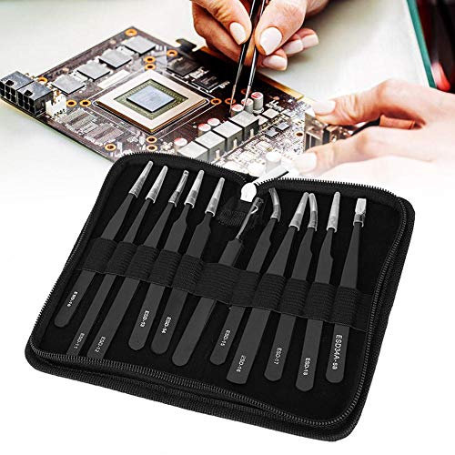 11 PCS Precision Tweezers Set, High Hardness Stainless Steel Straight Ebow Anti-Static ESD Tweezers Kit with Portable Bag(#1)
