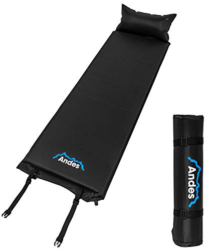 Andes Self Inflating Camping Travel Mat With Pillow, Outdoor Sleeping Hiking Backpacking Roll Mattress Black
