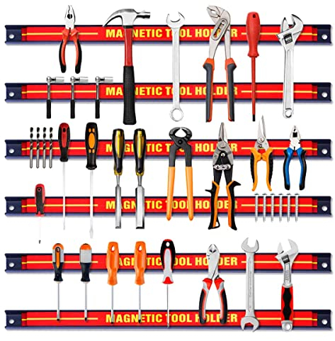 COSTWAY Set of 3/6 Magnetic Tool Holder, Heavy Duty Wall Mount Screwdriver Holder Rack Strip, Space-saving Magnetic Tool Organizer Bars for Garage Workshop Kitchen (Red, 6 Pcs)