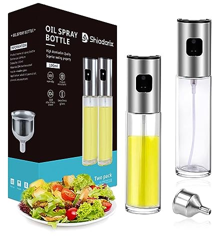 Shiadarix Ölsprüher für Speiseöl Sprühflasche Öl Glas Edelstahl Ölspray zum Kochen Olivenöl Ölspender Zerstäuber Essig Spritzer Ölsprayer, Lebensmittelecht Kalorienarm, 100ml (2 Stück)