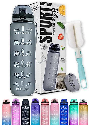 K-MART Water Bottle 1L, Sports Water Bottle with Time Markings, BPA-Free, Leak-Proof Drinks Bottle, Perfect for Running, Cycling, Gym, Yoga, Camping and Outdoor Activities, Grey
