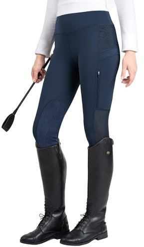 FitsT4 Sports Reithose Reitleggings Damen mit Kniebesatz und Tasche mit Reißverschluss, elastische Jodhpurhose für Reitschule Reitsport,Militärblau,XS