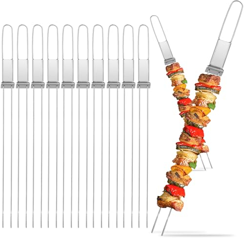 Metal Skewers, 17（10PCS), Double Pronged Flat Stainless Steel with Slider
