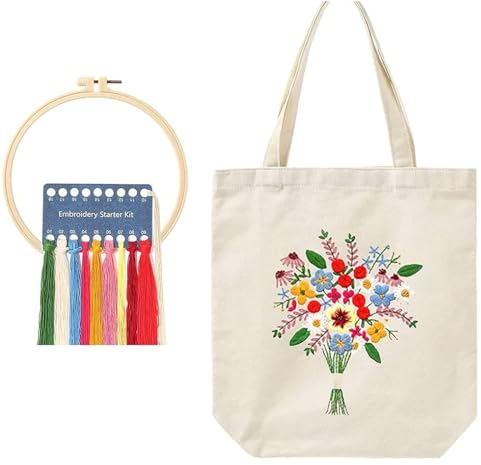 Yerleomit Sticken Set Erwachsene Canvas Tasche mit Anleitung, Stickset Erwachsene für Anfänger Embroidery Kit Stickerei Set Inklusive Sticktasche mit Blumenmuster Stickrahmen Bunten Fäden