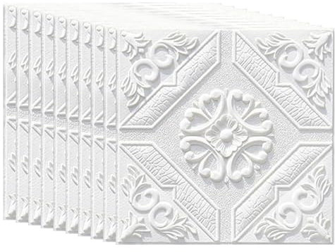 HAILM 10 Stück Selbstklebende Wandpaneele, Wandverkleidung Abziehen Und Aufkleben, wasserdichte Deckenpaneele Selbstklebend, 0,3 cm Dick Für Heim-DIY-Dekoration – 35 X 35 cm,Weiß