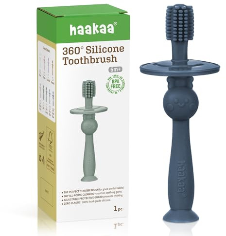 haakaa 360° Brosse à Dent Bebe 100% en Silicone 6 Mois +, Base d'Aspiration Ensemble, aussi Jouet Dentition Bébé - Bleu acier