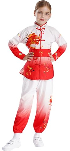 renvena Costume da Guerriero Cinese Taichi Bambina Abiti da Arti Marziali Qigong Wushu Camicia Ricamo Morbido Drago Uniforme Spadaccino Tradizionale Cinese Rosso 9-10 anni