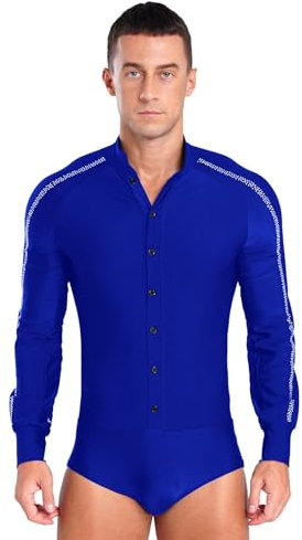 winying Herren Latein Body Langarm Turnanzug Strass Leotard Hemdbody Damen Ballett Trikot Wettbewerb Tanzkostüm Blau M