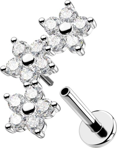 OUFER 16G Flower Helix Piercing Internally Threaded Conch Jewellery Stainless Steel 316L Cartilage Earring 6 mm Clear CZ Tragus Stud for Women Flat Back Earring