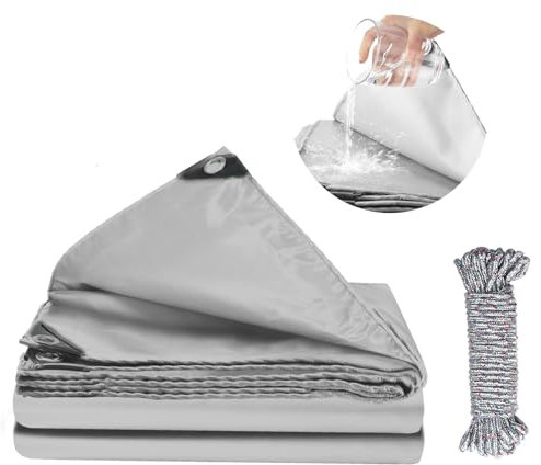 KJLEEN 3x 4m Tarpaulin Waterproof Heavy Duty Tarpaulin 440g/m² PVC Grey Tarp with Eyelets & 10m Rope, UV-Anti Large Tarpaulin for Outdoor Garden Furniture Trailer Truck Boat Cover Camping Ground Sheet