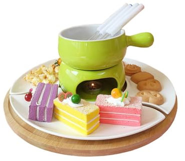 KANLVU 300 Ml Keramik Chokladfondue Set Med Roterande Bambubricka, 4 Gafflar, 2 Värmeljus Ostfondue-Set För Dessert Tapas Choklad-Fondue-Set(Green)