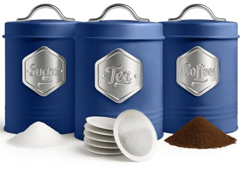 HEFTMAN Blue Tea Coffee Sugar - Juego de 3 recipientes elegantes para cocina, juego de almacenamiento de té de café y azúcar con recipientes herméticos y etiquetados (3 piezas, azul/plateado)