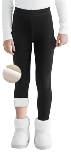 Domueay Leggings Thermiques pour Filles, Coton Chaud Legging d'hiver Doublé en Polaire, Élastique Taille Haute Fleece Pantalon Long, Enfant Adolescent Vêtements Thermiques 12-14 Ans, Noir