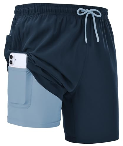 Zoofly Summer Sports Shorts for Men Lightweight Swim Shorts for Men 2-in-1 Board Shorts with Zip Pockets Navy Blue XL