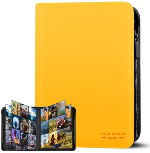 Álbum de Tarjetas Coleccionables, 30 Páginas y 9 Bolsillos, Capacidad para 540 Cartas, Carpeta con Cremallera y Carga Lateral, Compatible con Magic, YuGiOh, MTG y TCG – Amarillo