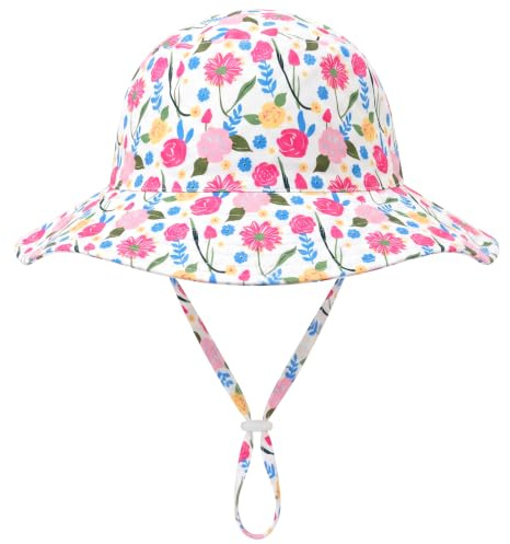 srclo Kids Sun Hat UPF 50+ Sun Protection Toddler Kids Summer Bucket Beach Hats Wide Brim Outdoor Play Cap with Adjustable Chin Strap for Boys Girls (UK, Age, 9 Months, 24 Months, Rose Floral)