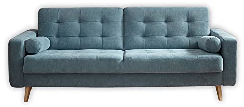 Stella Trading FJORD Bequemes Schlafsofa mit Bettkasten, Stoffbezug Denim - Klappbares Sofa mit Schlaffunktion & Massivholz Füßen - 222 x 86 x 90 cm (B/H/T)