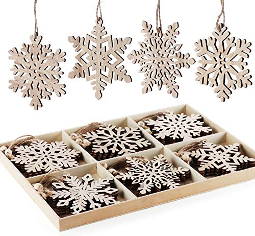 24 Stück Weihnachten Holz Schneeflocken Unvollendete Vintage Holz Anhänger mit Jute Kordel Weihnachtsbaum Deko Ornamente 6 Verschieden Muster für DIY Basteln Geschenk Weihnachtdeko (10cm/4inch)