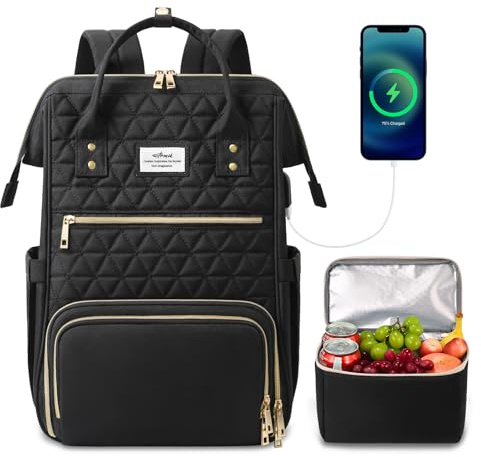 ETRONIK Laptop Lunch Backpack for Women, 17.3 inch Laptop Backpack | Backpack with USB Port Teacher Nurse Work Bag with Cooler Bag Insulated, Rucksack for Women Business Work Picnic, Black