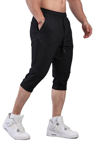 FIRSTGYM Mens 3/4 Tapered Fit Jogger Pants Casua Workout Gym Capris Jogger Shorts, Black, Medium