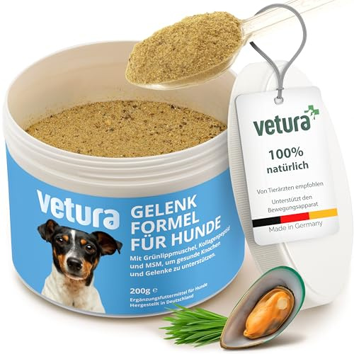 Vetura Gelenk-Formel für Hunde - 200 g - Natürliches Gelenkpulver mit Grünlippmuschel, Kollagen, MSM & Glucosamin - Unterstützung der Nährstoffversorgung von Gelenken & Knorpel - Made in Germany