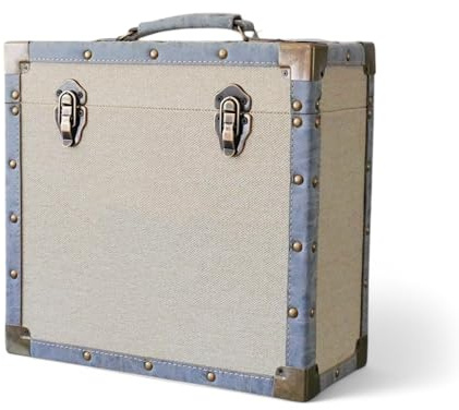 Steepletone 12 Vinyl Record Storage Box Case, with Carry Handle, Luxury Fabric and Leather Finish, Holds up to 45 LP's (Cream Cloth & Grey Leather)