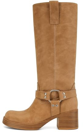 XBKXMK Women's Knee High Riding Boots Round Toe Block Heel Fashion Motorcycle Booties Side Zipper Wide Calf Biker Riding Boots with Studs Camel