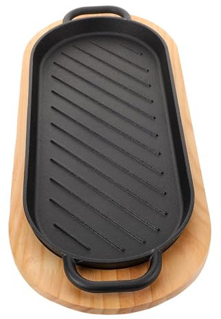 BEBEMOKO Robusto Piatto Da Portata in Ghisa Per Bistecche Padella Antiaderente Base in Legno Distribuzione Uniforme Del Calore