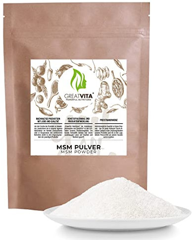 MSM Pulver 1000g - 99,9% Methylsulfonylmethan, feiner & organischer Schwefelpulver - MSM powder zum Mischen in Wasser, Saft & Smoothies - 1kg Vorrat, ohne Zusätze, glutenfrei & non-GMO | GreatVita