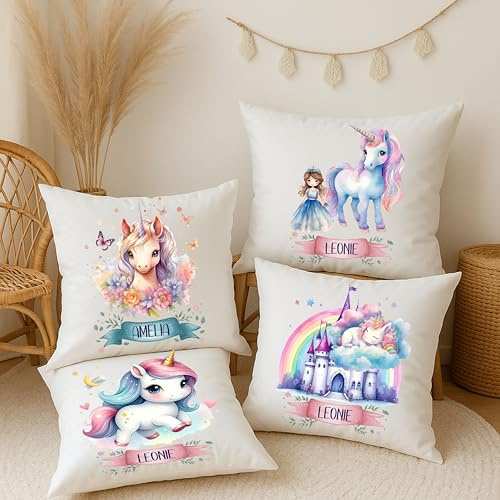 wolga-kreativ personalisiertes Kissen Mit Namen und Füllung – Einhorn Motive für Mädchen & Babys – Geschenk zur Geburt, Taufe & Geburtstag – Flauschiges Namenskissen