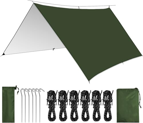 KOIUEYW Tarp impermeabile 3 x 3/3 x 4/3 x 5 m, telo da campeggio ultraleggero, impermeabile, anti UV, neve, pioggia, con occhielli, per campeggio, picnic, escursioni, amaca, attività all'aperto