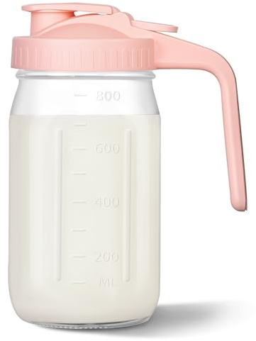 Mason Jar Pitcher, 32 oz Glass Milk Pitcher, Wide Mouth & Leakproof Glass Pitcher with Lid for milk, Sun Tea, Juice, Cold Brew Coffee and Drinks
