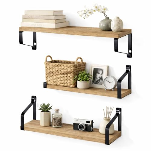 Harbour Housewares Rustic Wooden Floating Shelves Set of 3 with Metal Brackets - Paulownia Wood Wall Mounted Storage Display for Kitchen, Bathroom, Bedroom or Living Room - Industrial Home Decor