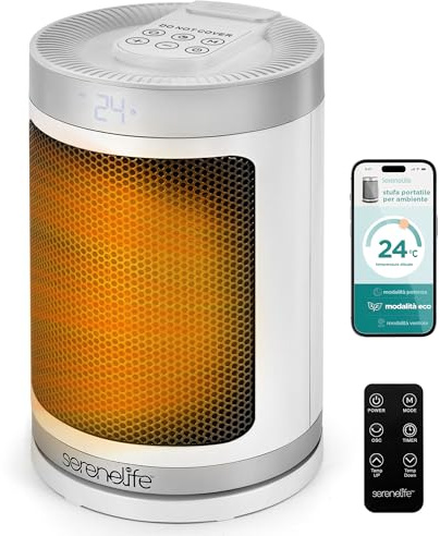 SereneLife Smart Space Heater – 1500W Indoor Electric Heater with Thermostat, Remote Control, 12-Hour Timer, Wi-Fi Enabled PTC Ceramic Heating for Home and Office, White (5.9 x 5.9 x 9.5)