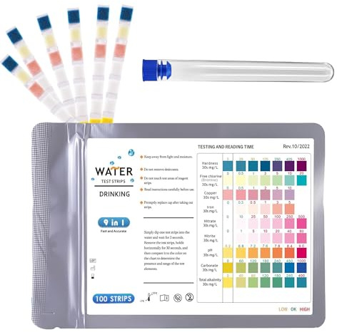 Xiangbhalla 100Pcs 9 in 1 Aquarium Test Strips, Fish Tank Water Test Kit with Thermometer and Tube, for Freshwater and Saltwater Tanks, Tests pH, Nitrate, Nitrite, Hardness, Chlorine, Iron
