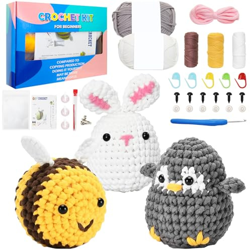 Sunsorld Crochet Kit Principiantes, Juego de Ganchillo para Principiantes, 3 Piezas Animales Agujas Crochet Kit Bricolaje, con Tutoriales n Video Paso a Paso, Kits de Crochet para Adultos
