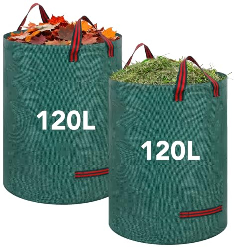 2 Pack 120L Large Garden Waste Bags with Handles, Heavy Duty Yard Bin Bags | Reusable yard waste bags, leaf collector bin bags, garden sacks with handles for collecting plant waste grass and Leaves