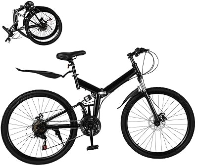 YEITBY 26 Inch Folding Mountain Bike, 21 Speed Dual Suspension MTB, High Carbon Steel Frame, Front and Rear Mechanical Disc Brakes, Mudguards, Adult Bicycle for Men Women 5.25-5.6ft Tall