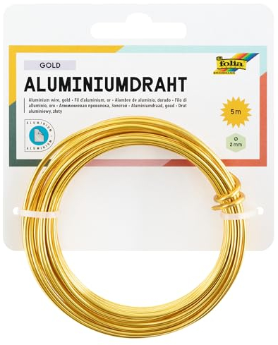folia 79665 - Aluminiumdraht, Basteldraht in gold, 2 mm x 5 m, besonders leicht formbar, für Bastelarbeiten und zur Dekoration