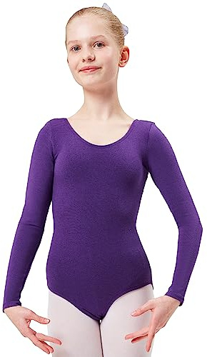 tanzmuster ® Ballettanzug Mädchen Langarm - Lilly - aus Baumwolle, Ballettbody Kinder Ballett Trikot in lila, Größe 116/122