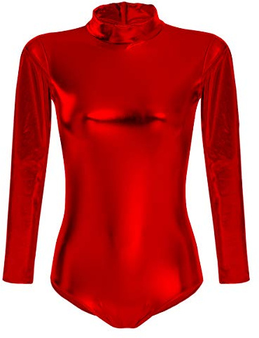 ODIZLI Women Shiny Metallic Long Sleeve Leotard Mock Turtleneck One Piece Bodysuit for Gymnastics Ballet Dance Red, M