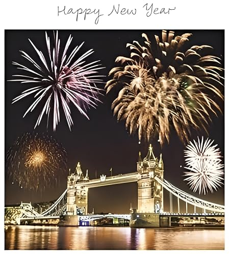 Happy New Year Card - Fireworks over Tower Bridge, London - Attractive Flitter Finish - Embellished Greeting Card for Any Recipient From the Art Group