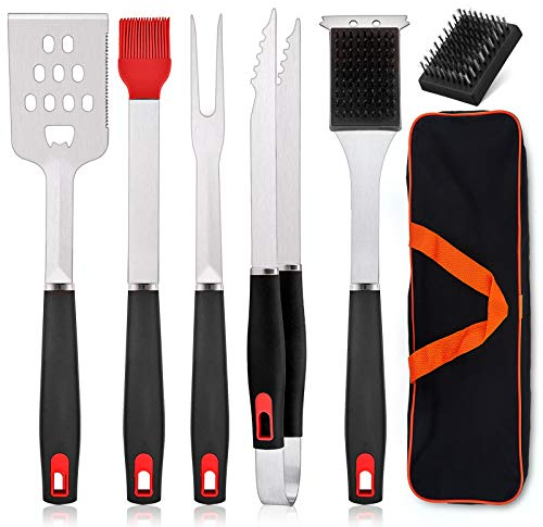 HaSteeL BBQ Grill Accessories Set of 7, Stainless Steel Grilling Tools Set with Storage Bag, Heavy Duty Grill Spatula, Tong, Fork, Basting Brush, Cleaning Brush, Dishwasher Safe & Man’s Gift