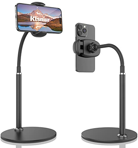 Cell Phone Stand, Adjustable Height & Angle Gooseneck Stand for Desk Flexible Arm Universal Holder, Aluminum Alloy Desktop Recording Compatible with 3.5-7 Device (Black)
