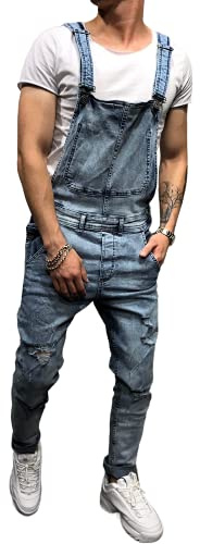 Geagodelia Salopette Uomo in Denim Casual Pantaloni Strappati Uomo in Tinta Unita Salopette Uomo Jeans Slim Fit Moda Ragazzo S-3XL Jumpsuit (Blu, XX-Large)