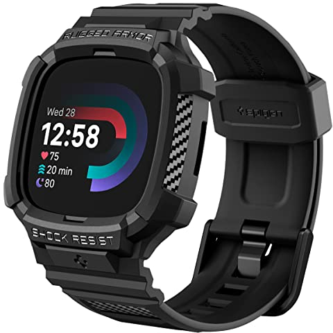 Spigen Rugged Armor Pro Case with Strap Band Compatible with Fitbit Versa 4 / Fitbit Sense 2 - Black