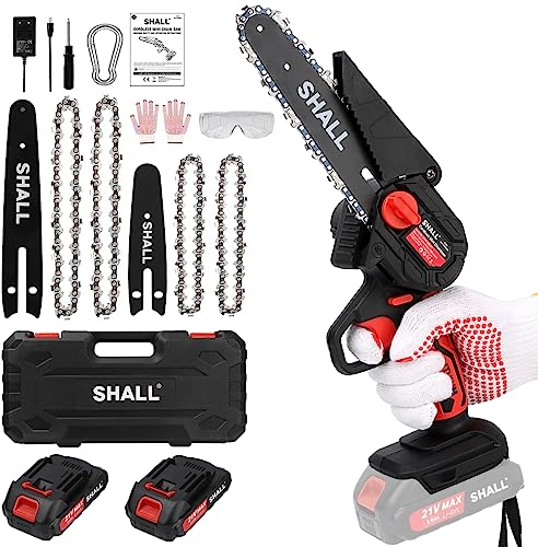 SHALL Mini motosierra portátil de 21 voltios, Motor sin escobillas,4 cadenas, corte de ramas, jardinería, la mejor opción para esposo, padre, amantes del bricolaje de madera,enchufe europeo