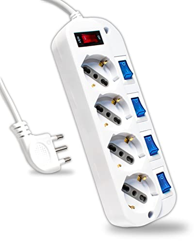 V-TAC Multipresa Elettrica con Interruttori Indipendenti - 4 Prese 10/16A Bipasso + Schuko - Spina 16A - Presa Elettrica per Casa, Ufficio, Negozio - Ciabatta - Colore Bianco