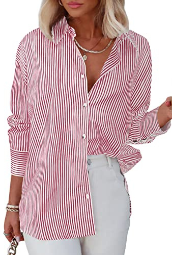 Homlan Chemisier à Manches Longues pour Femme - Rayures - Décontracté - Col en V - Chemise de Travail - Loose -, Rouge, XXL