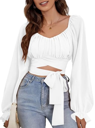 Rooscier Women's Ruched Wrap Square Neck Flounce Long Sleeve Self Tie Crop Top Blouse Solid White Medium